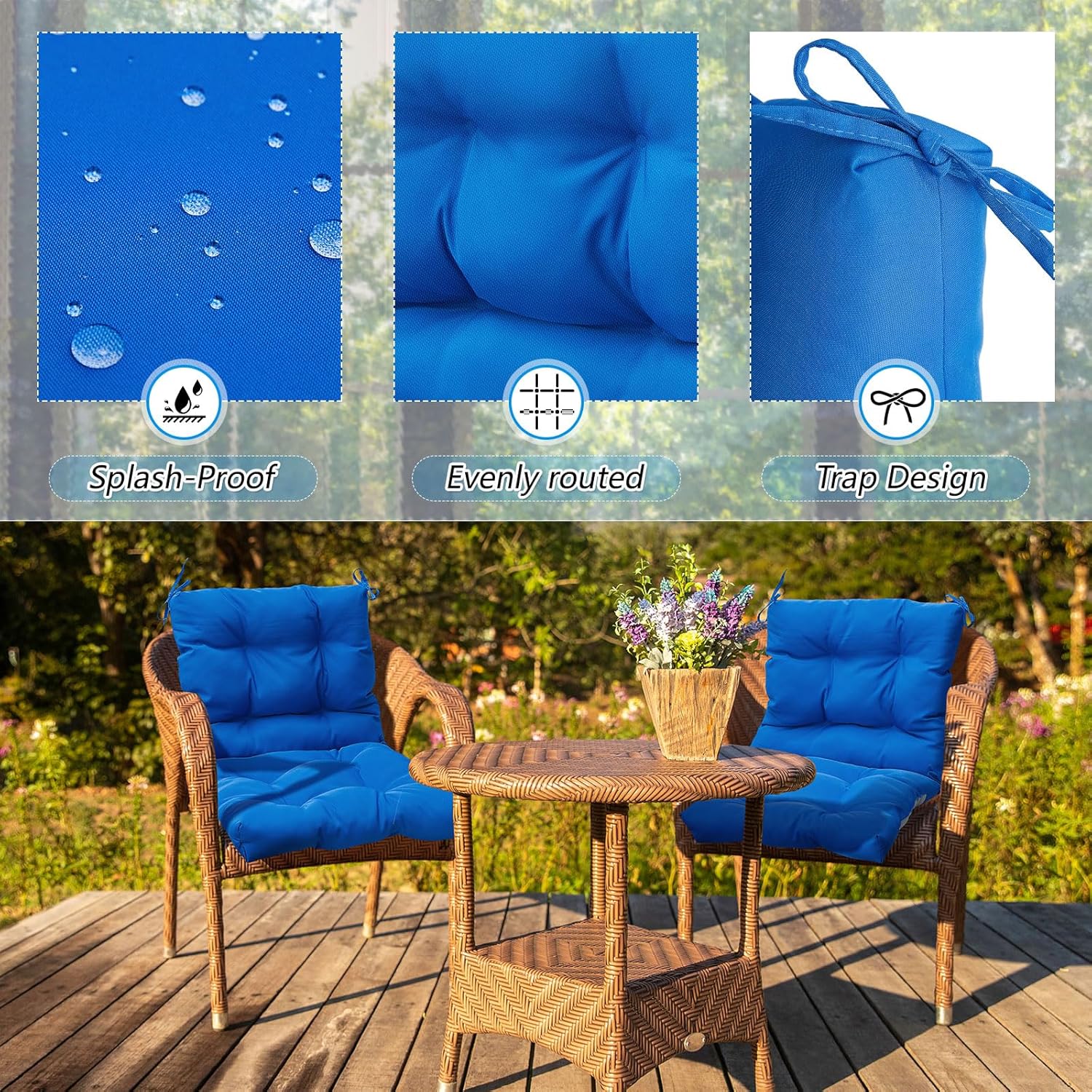 Marsui Outdoor Indoor High Back Chair Cushions Patio Furniture Tufted Pillow with Ties All Weather Replacement Cushions Outdoor Rocking Chair Cushions, 42 x 21 Inches(Blue, 4 Pcs)-2