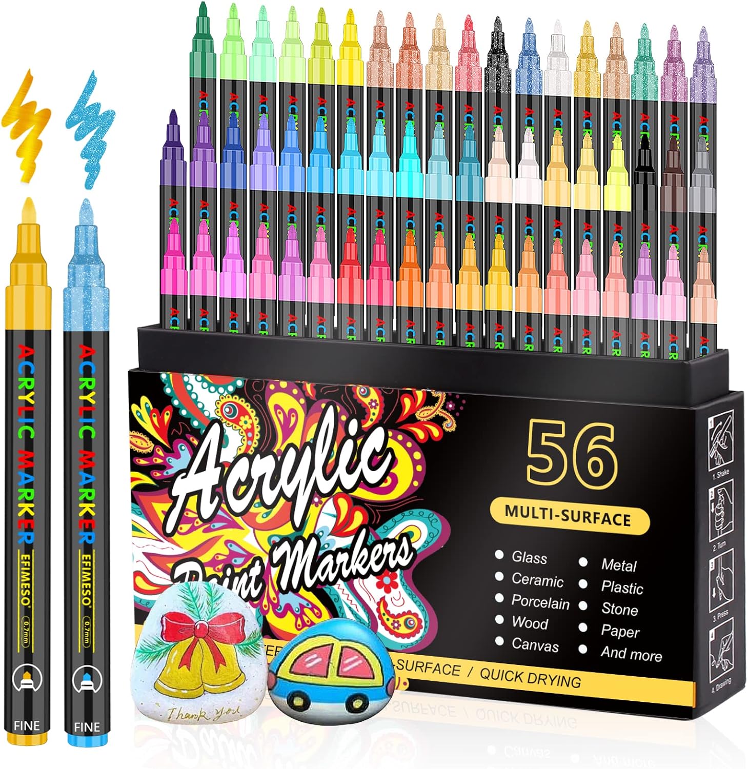 NICETY 56 Colors Acrylic Paint Pens, Acrylic Paint Markers, 0.7mm Extre Fine Paint Pens for Canvas, Rock Painting, Wood, Fabric, Ceramic, Stone, Metal-0