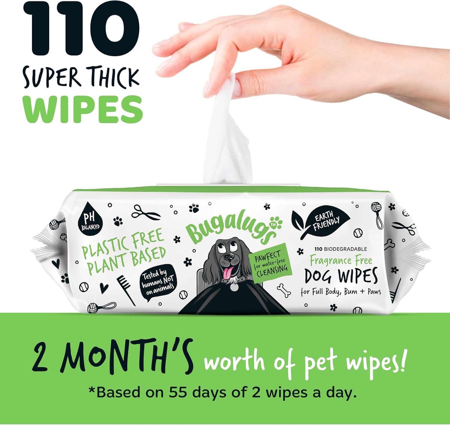 Dog Wipes, 100% Plastic Free Biodegradable pet Wipes for Full Body, Eye Wipes, Ear Wipes, Bum & Paws. 110 Sensitive Dog Grooming Wipes for Dogs, Puppy & cat Grooming (Fragrance Free)-2