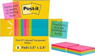 Post-it Colored Transparent Sticky Notes, 3x3 in, 8 Pads/Pack, 36 Sheets/Pad, Sticks Securely and Removes Cleanly