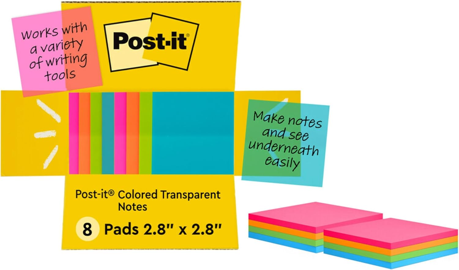 Post-it Colored Transparent Sticky Notes, 3x3 in, 8 Pads/Pack, 36 Sheets/Pad, Sticks Securely and Removes Cleanly-0