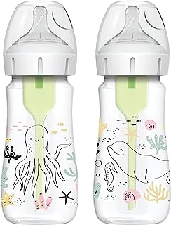 Dr. Brown’s Natural Flow® Anti-Colic Options+™ Wide-Neck Baby Bottle Designer Edition Bottles, Ocean Decos, 9 oz/270 mL, Level 1 Nipple, 2-Pack, 0m+