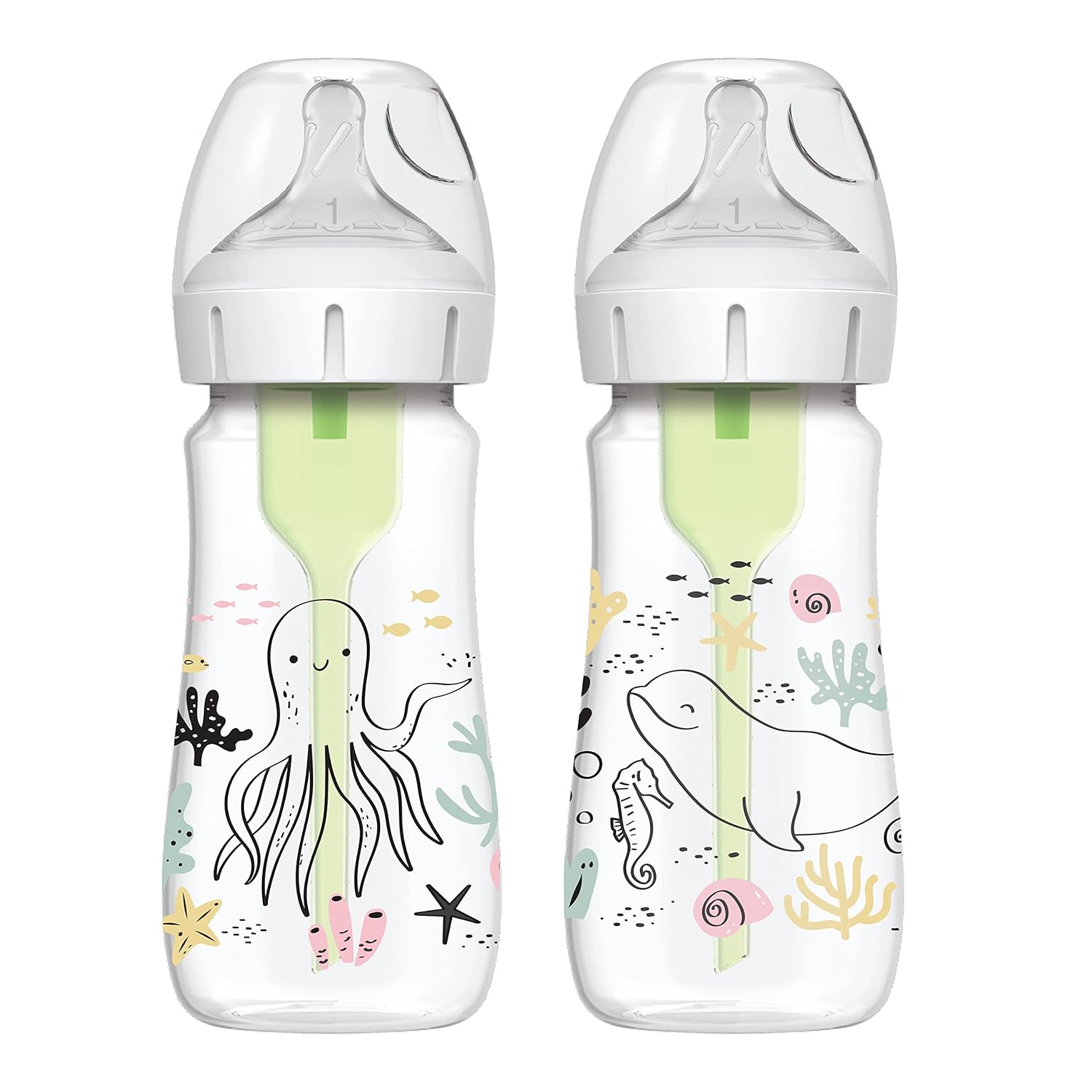 Dr. Brown’s Natural Flow® Anti-Colic Options+™ Wide-Neck Baby Bottle Designer Edition Bottles, Ocean Decos, 9 oz/270 mL, Level 1 Nipple, 2-Pack, 0m+-0