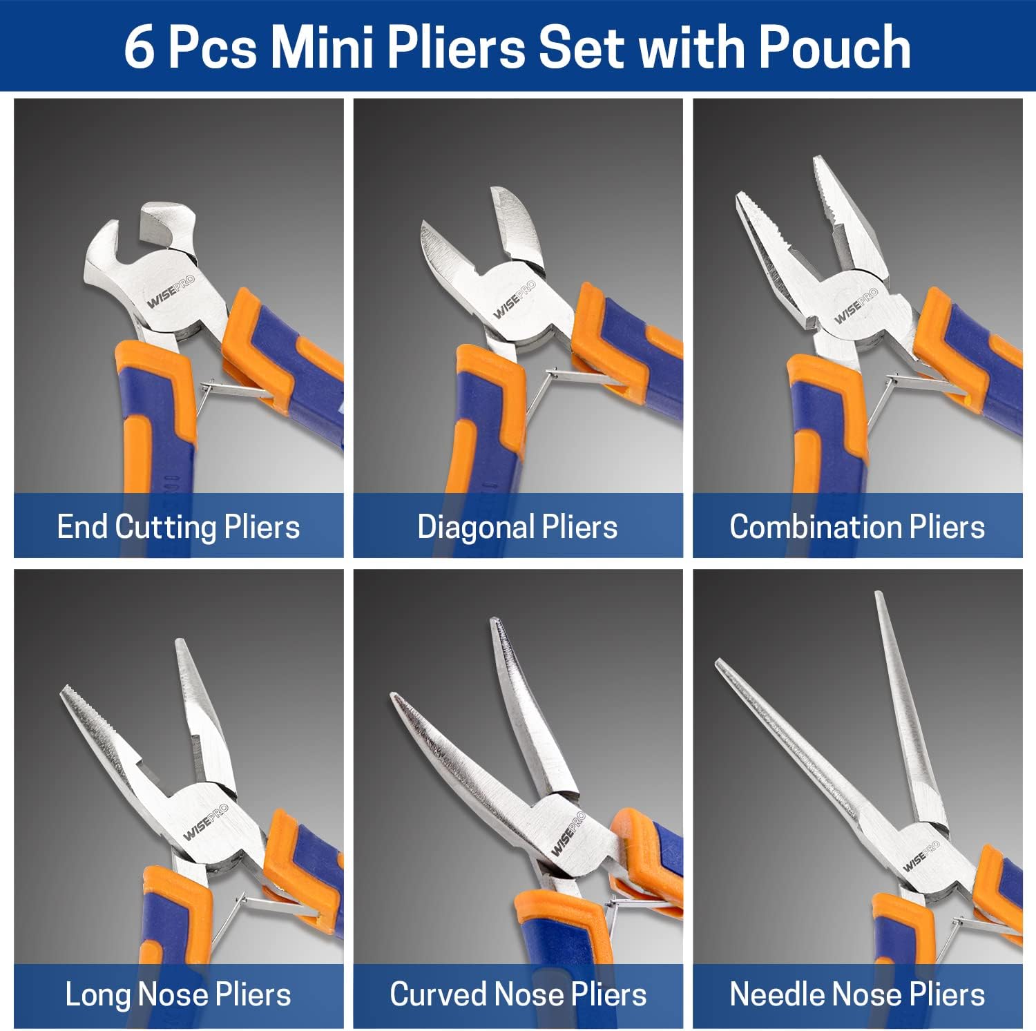 6 Pcs Mini Pliers Set with Pouch，Including Long/Needle/Curved Nose Pliers，Combination/End Cutting/Diagonal Pliers-2