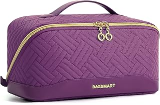 BAGSMART Makeup Bag Cosmetic Bag, Travel Makeup Bag,Water-resistent Makeup Bags for Women Portable Pouch Open Flat Make Up Organizer Bag for Toiletries, Brushes, Purple