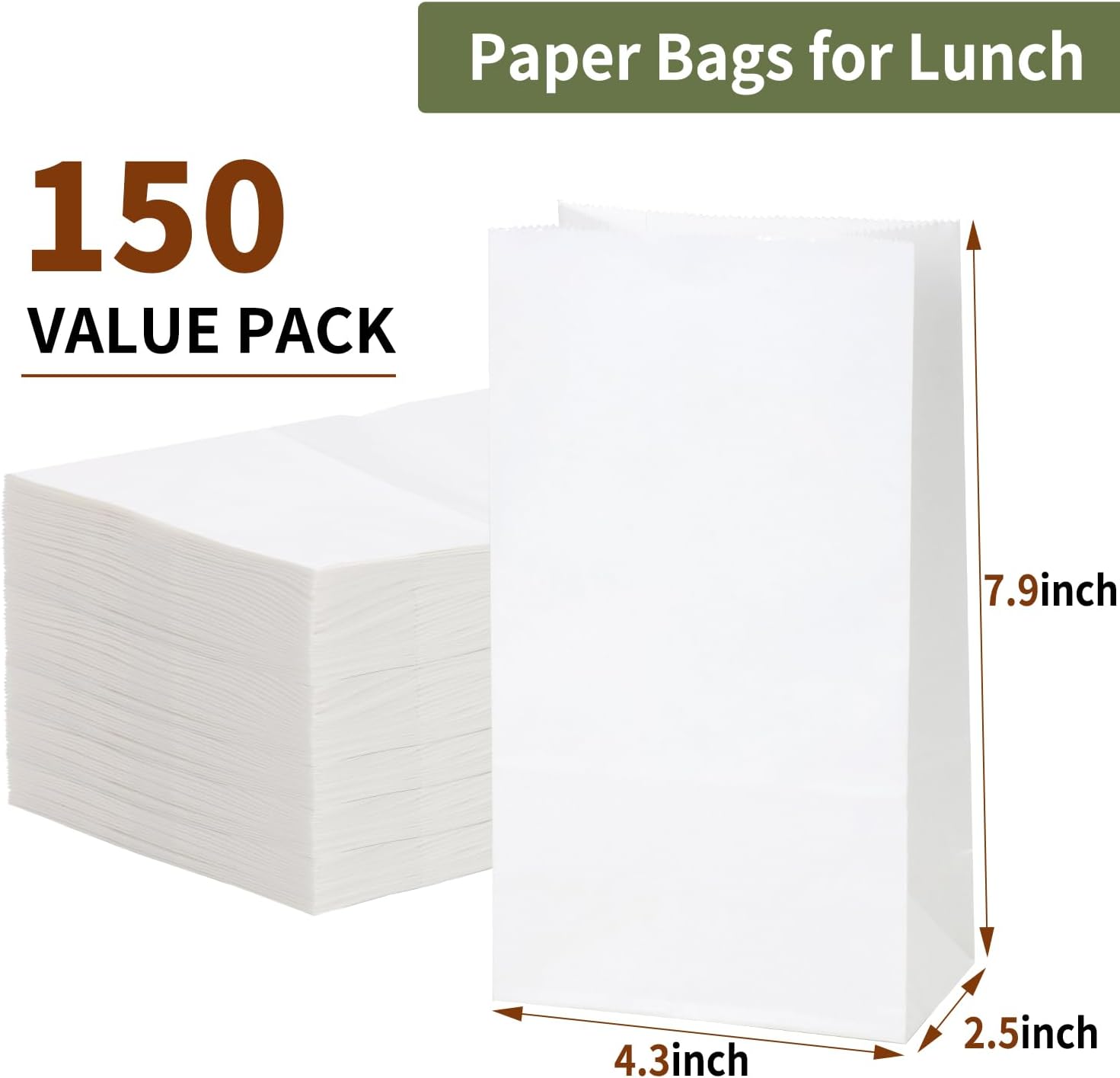 Moretoes 150pcs White Paper Bags, 2lb Paper Bags, Small Paper Bags White Lunch Bags White Paper Lunch Bags 4.3" x 2.5" x 7.9"-1