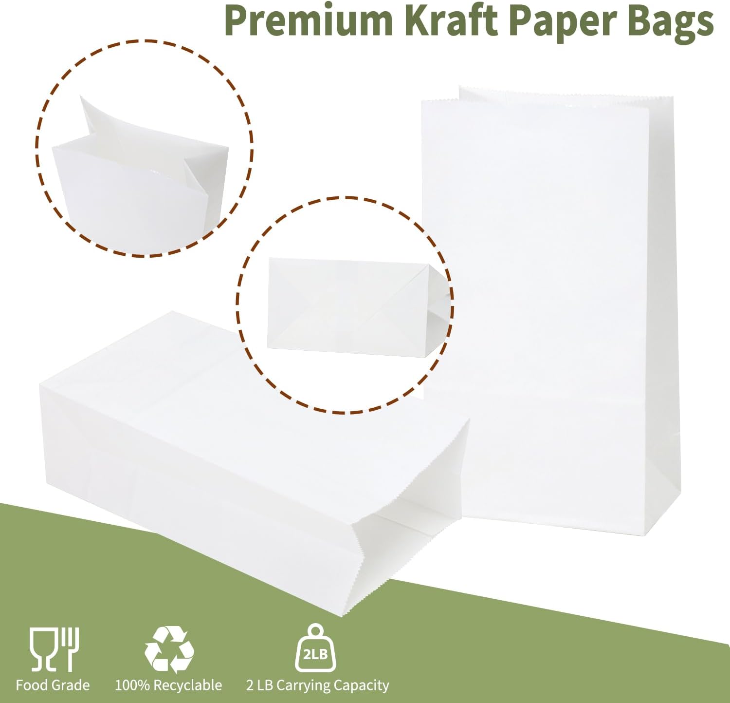 Moretoes 150pcs White Paper Bags, 2lb Paper Bags, Small Paper Bags White Lunch Bags White Paper Lunch Bags 4.3" x 2.5" x 7.9"-2