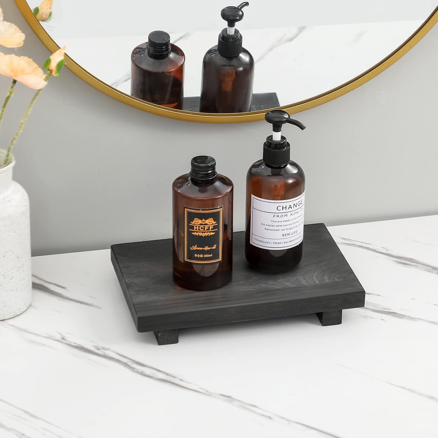 Bathroom Counter Organizer Wood Pedestal Stand Farmhouse Decorative Tray Soap Holder for Kitchen Decor, 9" x 6" - Black-2