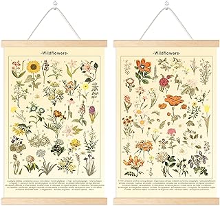 Chenkaiyang 2 Pcs Vintage Hanging Poster,Flowers Wall Hanging Botanical Rustic Retro Wall Art Prints Flower Chart Posterfor Living Room Decor,12.7 X 21.6 Inch