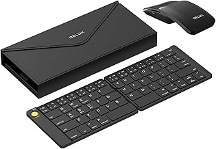 DELUX PockCombo Portable Keyboard and Mouse Wireless with Protective Case, Bluetooth Foldable Keyboard, 2-in-1 Sliding Mini Mouse with Pointer (Black)