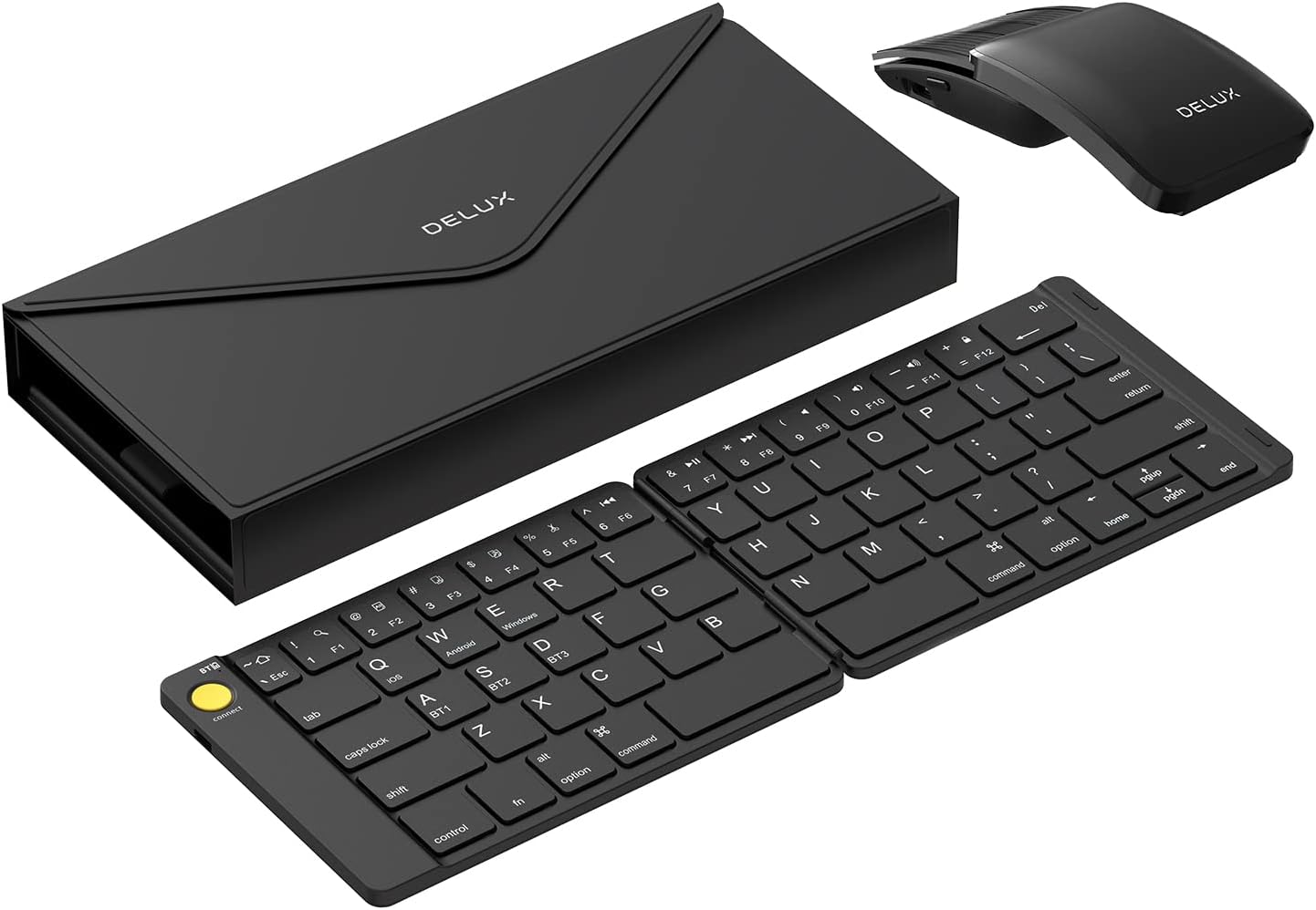 DELUX PockCombo Portable Keyboard and Mouse Wireless with Protective Case, Bluetooth Foldable Keyboard, 2-in-1 Sliding Mini Mouse with Pointer (Black)-0