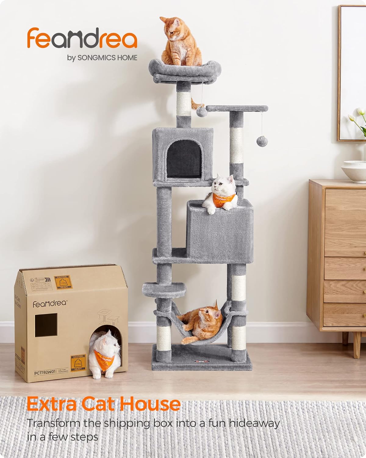 Feandrea Cat Tree, 61-Inch Cat Tower for Indoor Cats, Plush Multi-Level Cat Condo with 5 Scratching Posts, 2 Perches, 2 Caves, Hammock, 2 Pompoms, Light Gray UPCT192W01-1