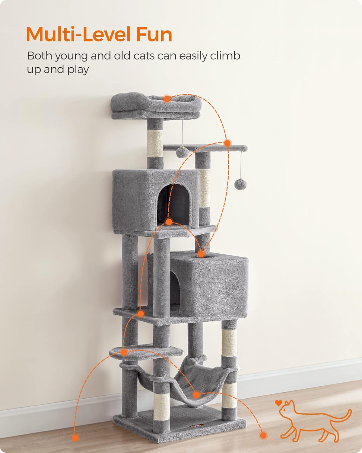 Feandrea Cat Tree, 61-Inch Cat Tower for Indoor Cats, Plush Multi-Level Cat Condo with 5 Scratching Posts, 2 Perches, 2 Caves, Hammock, 2 Pompoms, Light Gray UPCT192W01-2