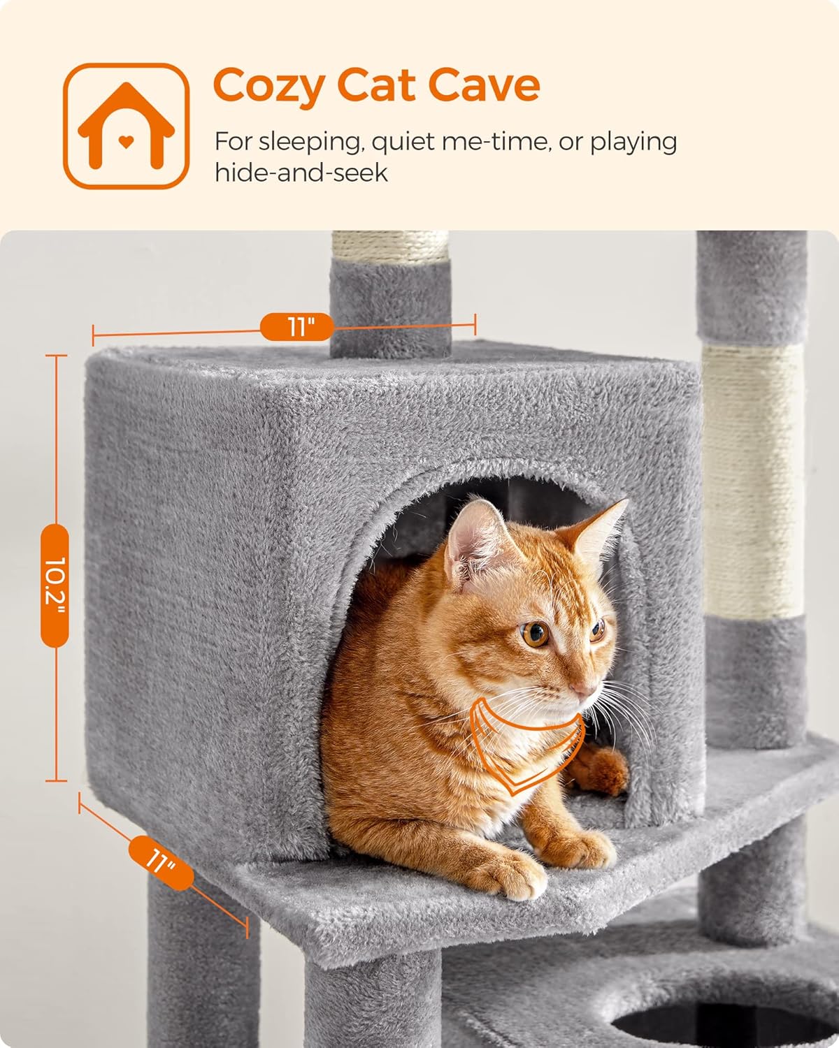 Feandrea Cat Tree, 61-Inch Cat Tower for Indoor Cats, Plush Multi-Level Cat Condo with 5 Scratching Posts, 2 Perches, 2 Caves, Hammock, 2 Pompoms, Light Gray UPCT192W01-3