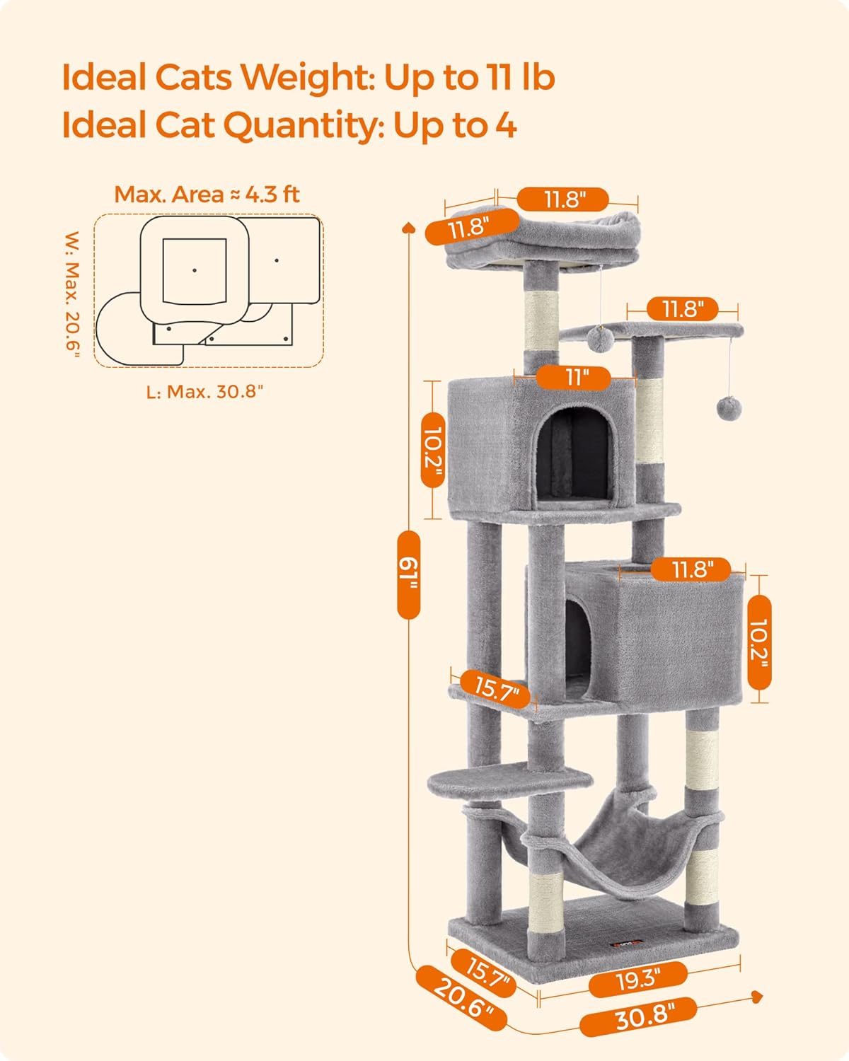 Feandrea Cat Tree, 61-Inch Cat Tower for Indoor Cats, Plush Multi-Level Cat Condo with 5 Scratching Posts, 2 Perches, 2 Caves, Hammock, 2 Pompoms, Light Gray UPCT192W01-4