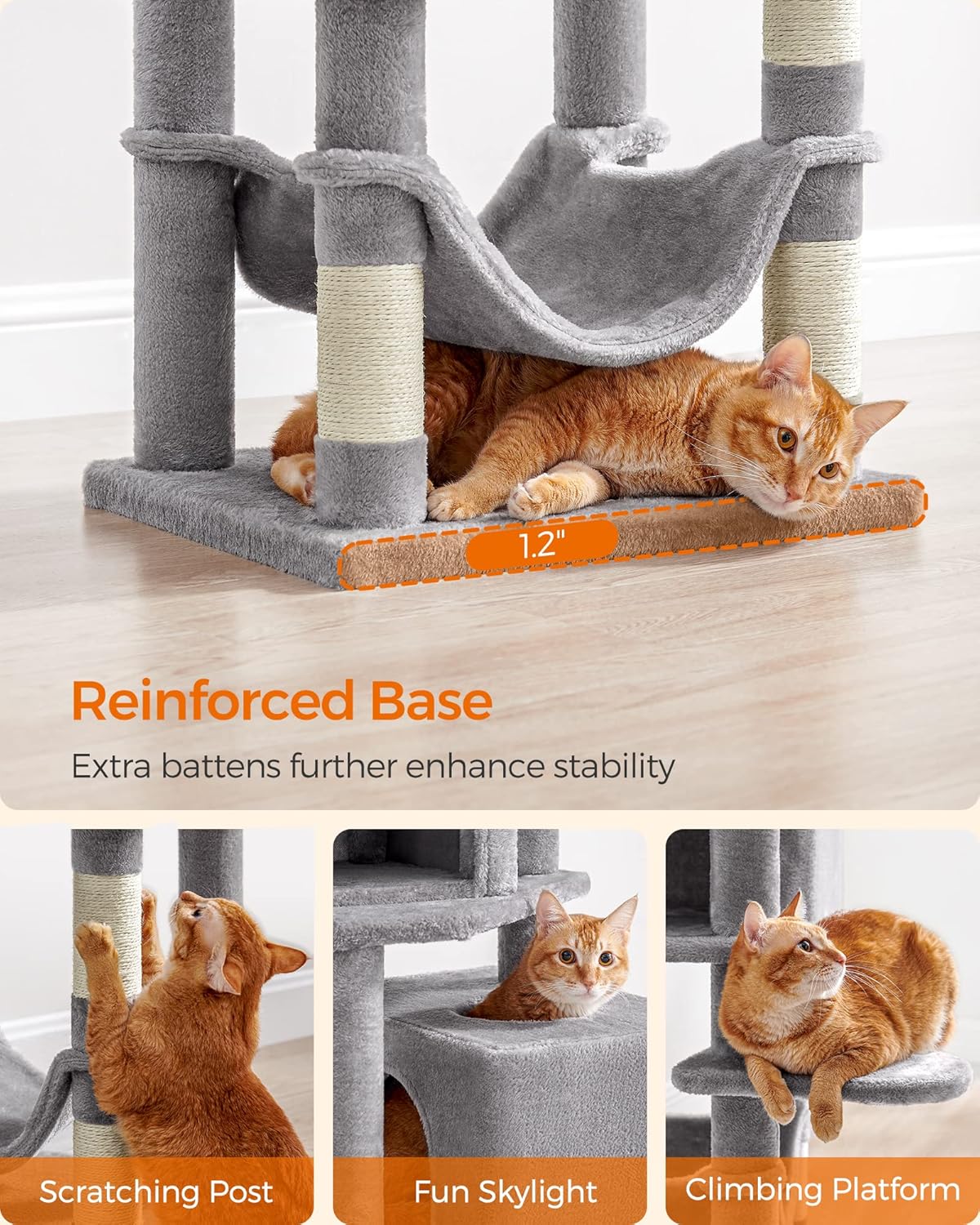 Feandrea Cat Tree, 61-Inch Cat Tower for Indoor Cats, Plush Multi-Level Cat Condo with 5 Scratching Posts, 2 Perches, 2 Caves, Hammock, 2 Pompoms, Light Gray UPCT192W01-5