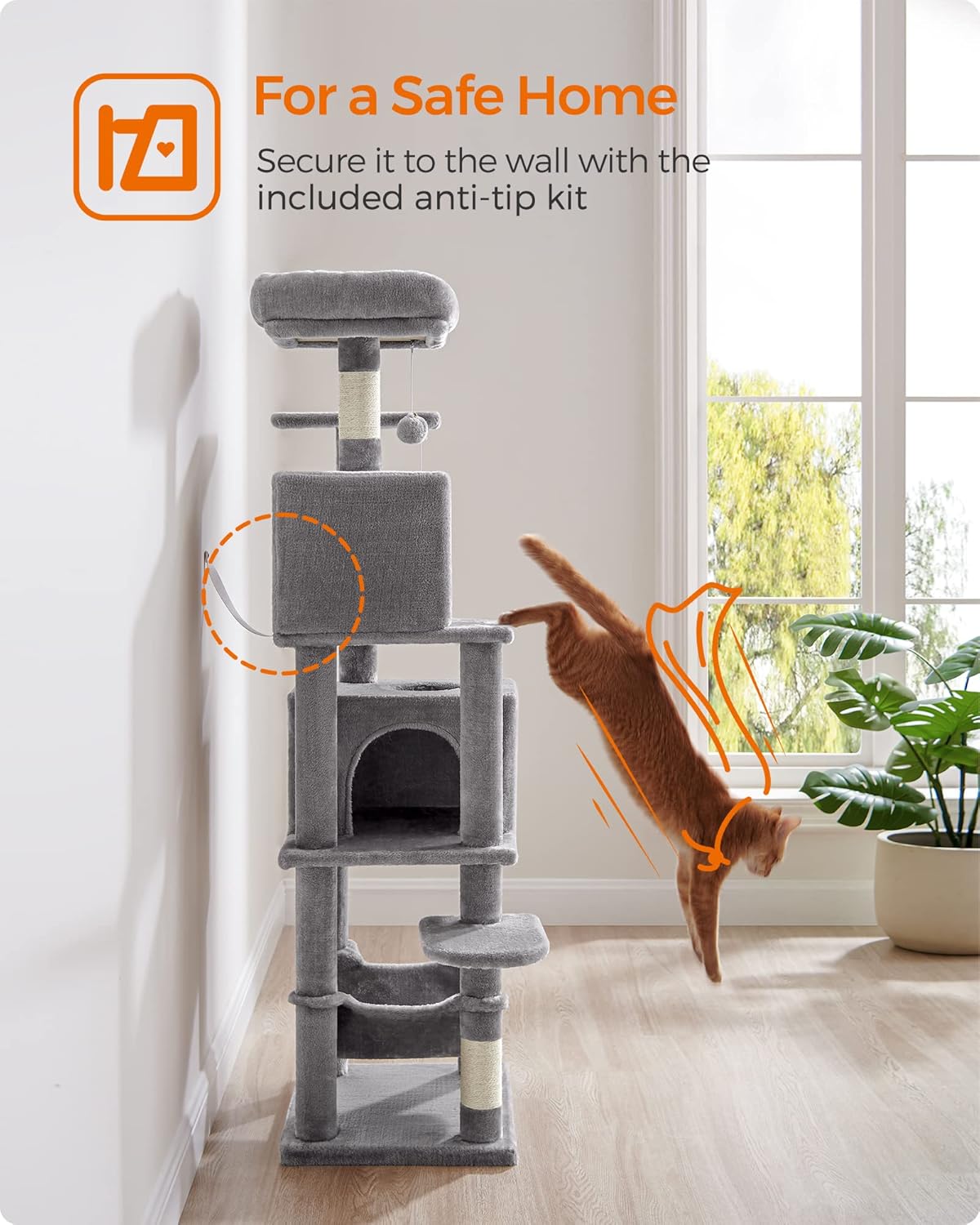 Feandrea Cat Tree, 61-Inch Cat Tower for Indoor Cats, Plush Multi-Level Cat Condo with 5 Scratching Posts, 2 Perches, 2 Caves, Hammock, 2 Pompoms, Light Gray UPCT192W01-6