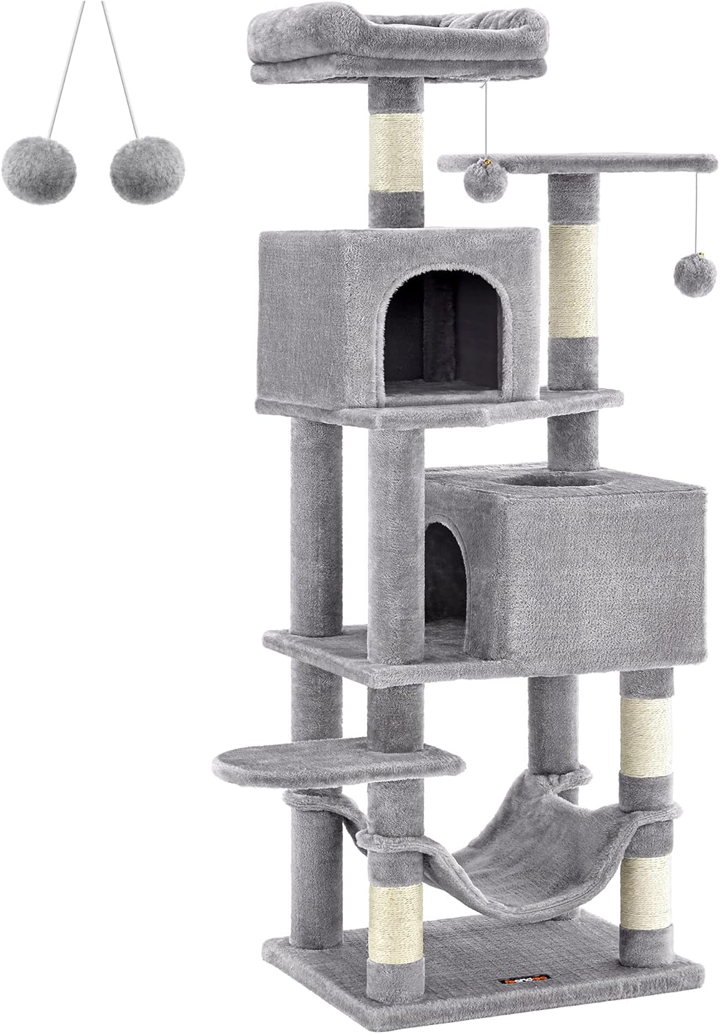 Feandrea Cat Tree, 61-Inch Cat Tower for Indoor Cats, Plush Multi-Level Cat Condo with 5 Scratching Posts, 2 Perches, 2 Caves, Hammock, 2 Pompoms, Light Gray UPCT192W01-7