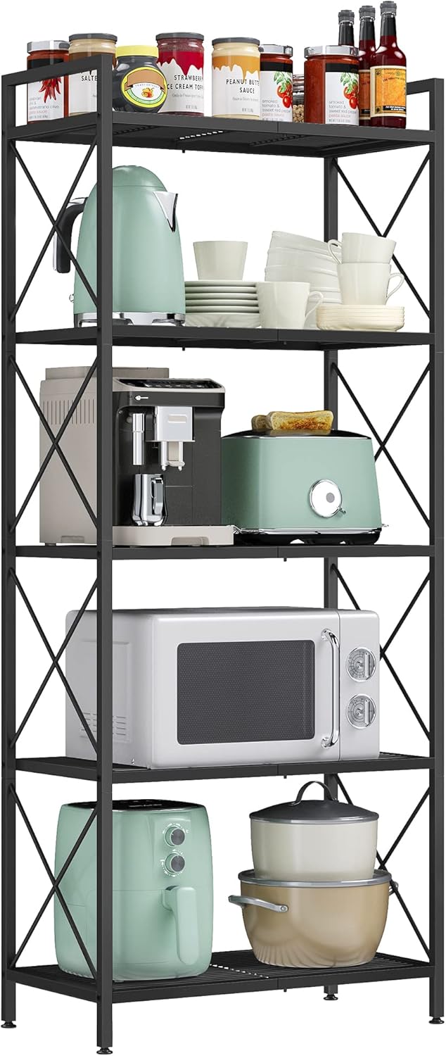 SONGMICS 5-Tier Metal Storage Rack, Shelving Unit with X Side Frames, Dense Mesh, 12.6 x 23.6 x 57.3 Inches, for Entryway, Kitchen, Living Room, Bathroom, Industrial Style, Ink Black UBSC165B01-0