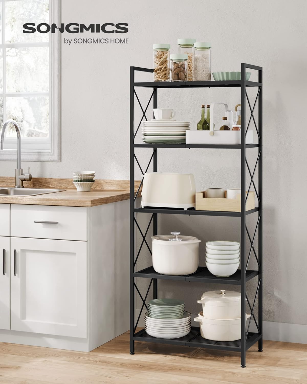 SONGMICS 5-Tier Metal Storage Rack, Shelving Unit with X Side Frames, Dense Mesh, 12.6 x 23.6 x 57.3 Inches, for Entryway, Kitchen, Living Room, Bathroom, Industrial Style, Ink Black UBSC165B01-1