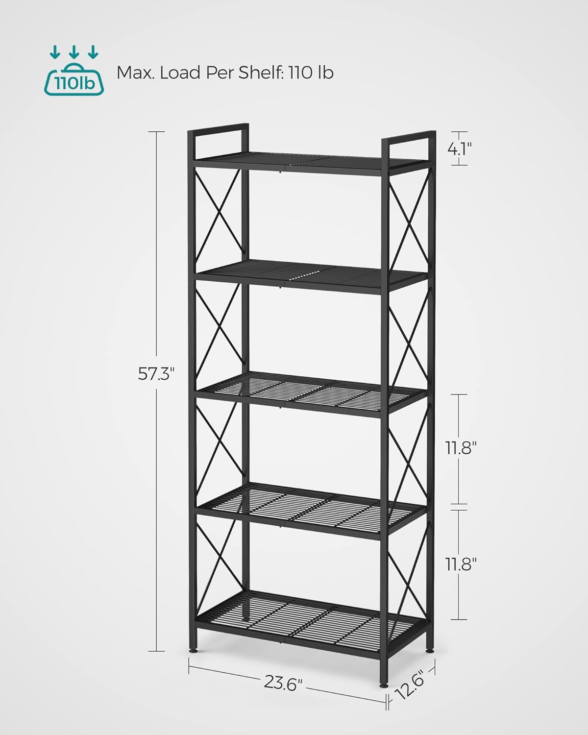 SONGMICS 5-Tier Metal Storage Rack, Shelving Unit with X Side Frames, Dense Mesh, 12.6 x 23.6 x 57.3 Inches, for Entryway, Kitchen, Living Room, Bathroom, Industrial Style, Ink Black UBSC165B01-2