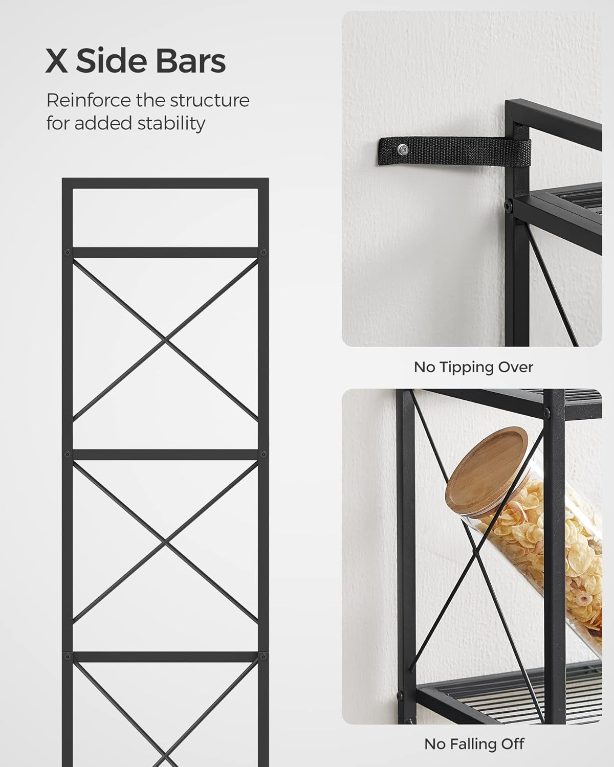 SONGMICS 5-Tier Metal Storage Rack, Shelving Unit with X Side Frames, Dense Mesh, 12.6 x 23.6 x 57.3 Inches, for Entryway, Kitchen, Living Room, Bathroom, Industrial Style, Ink Black UBSC165B01-4