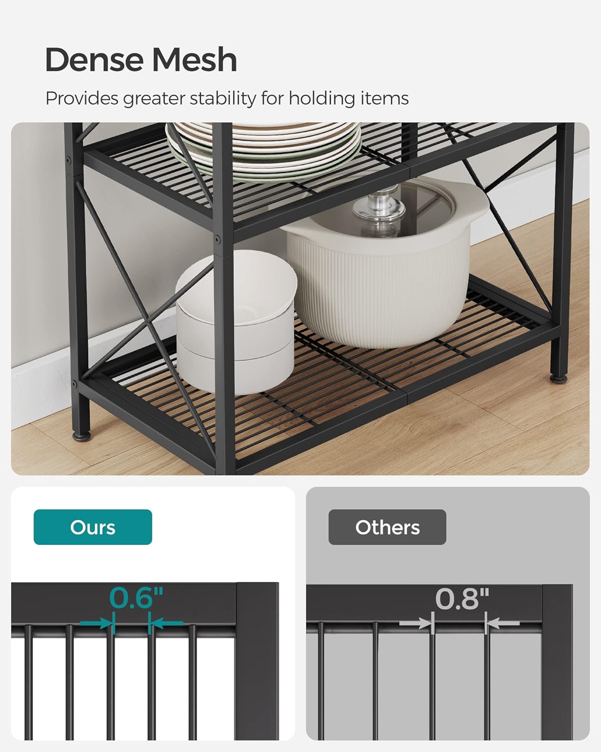 SONGMICS 5-Tier Metal Storage Rack, Shelving Unit with X Side Frames, Dense Mesh, 12.6 x 23.6 x 57.3 Inches, for Entryway, Kitchen, Living Room, Bathroom, Industrial Style, Ink Black UBSC165B01-5