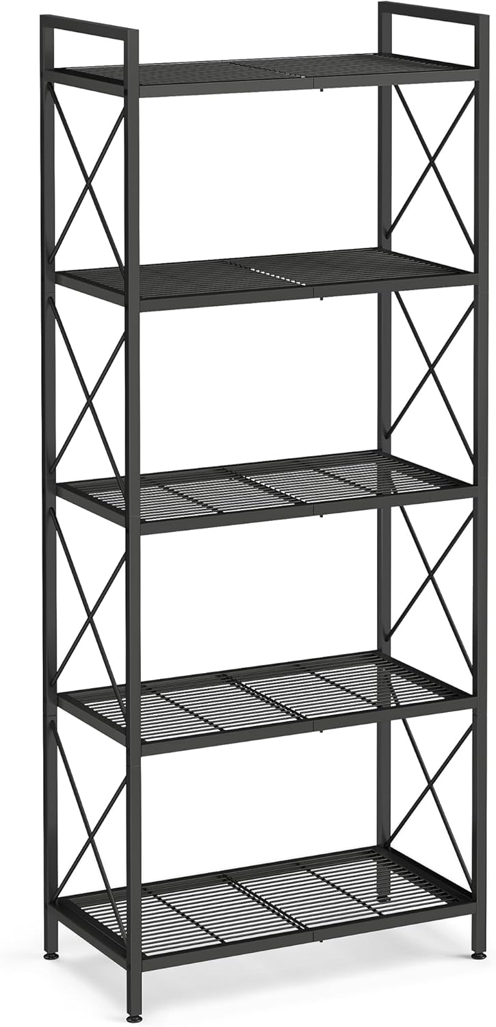 SONGMICS 5-Tier Metal Storage Rack, Shelving Unit with X Side Frames, Dense Mesh, 12.6 x 23.6 x 57.3 Inches, for Entryway, Kitchen, Living Room, Bathroom, Industrial Style, Ink Black UBSC165B01-8