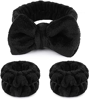 WSYUB Makeup Headbands, 1pcs Black Spa Headband Fluffy Bow Tie Headband Microfiber Face Headband, and 2Pcs Wrist Spa Wash Band Absorbent Wristbands, for Washing Face Skin Care