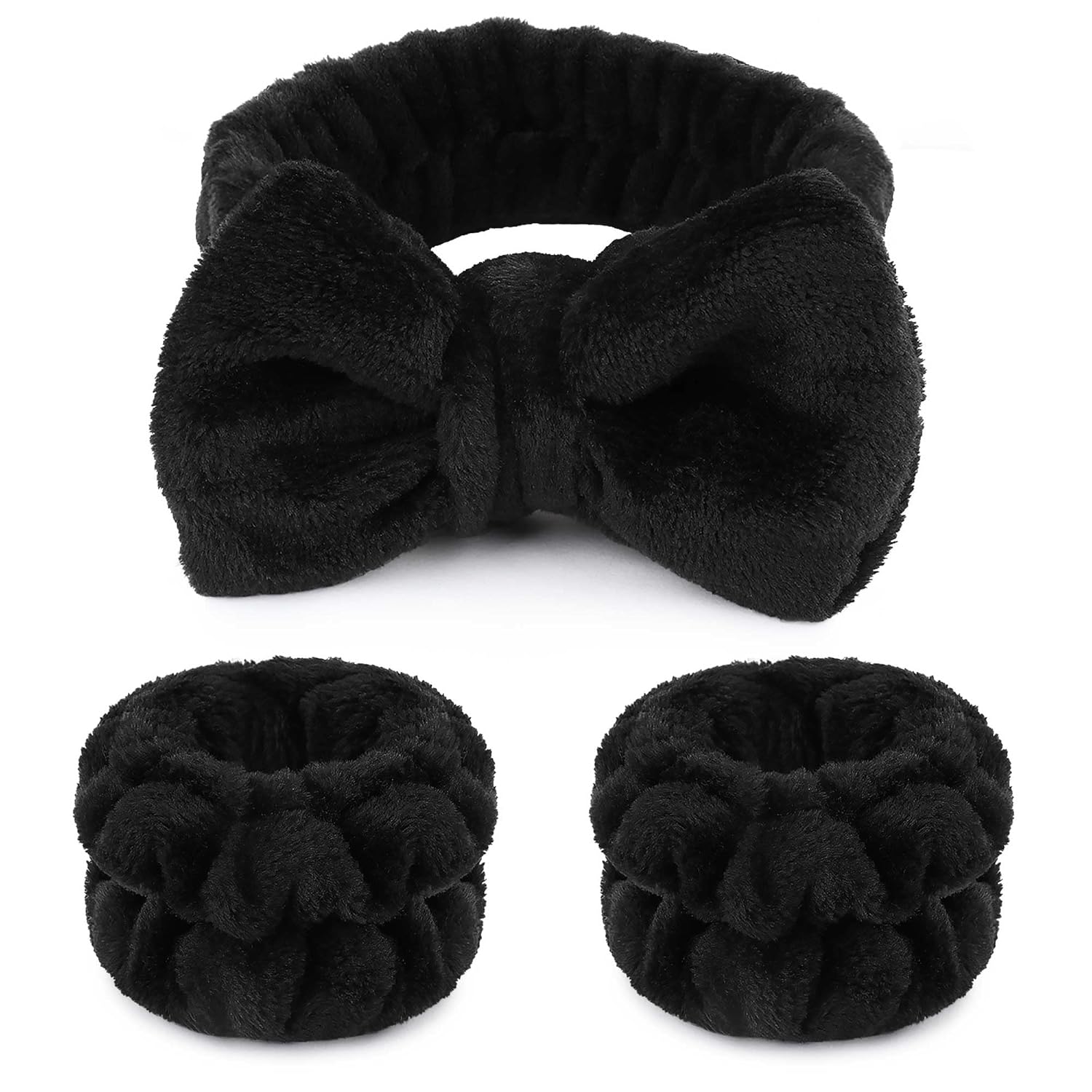 WSYUB Makeup Headbands, 1pcs Black Spa Headband Fluffy Bow Tie Headband Microfiber Face Headband, and 2Pcs Wrist Spa Wash Band Absorbent Wristbands, for Washing Face Skin Care-0