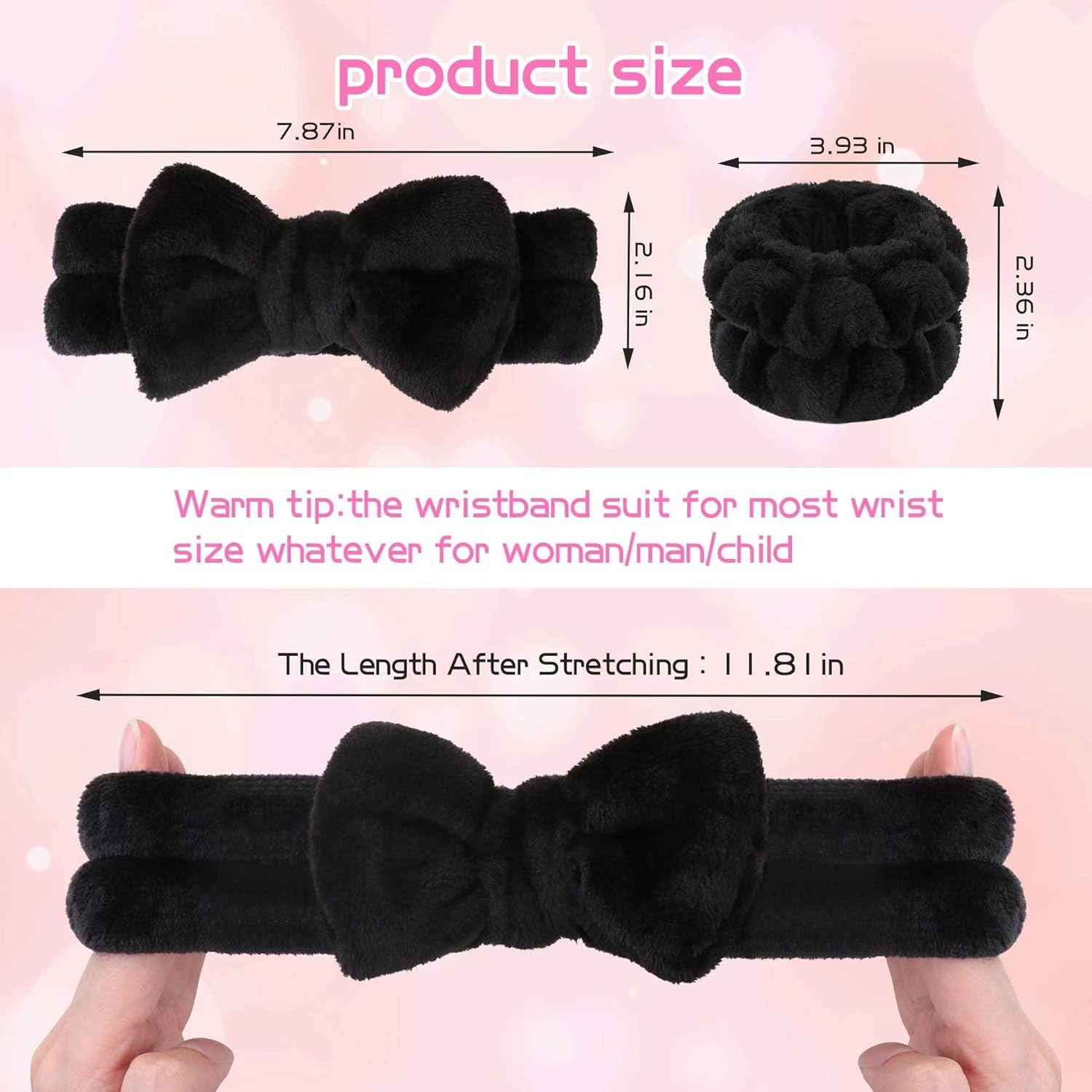 WSYUB Makeup Headbands, 1pcs Black Spa Headband Fluffy Bow Tie Headband Microfiber Face Headband, and 2Pcs Wrist Spa Wash Band Absorbent Wristbands, for Washing Face Skin Care-1