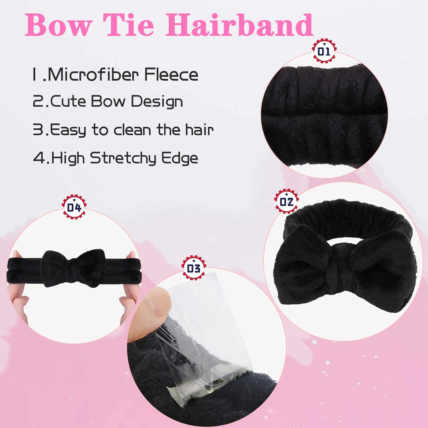 WSYUB Makeup Headbands, 1pcs Black Spa Headband Fluffy Bow Tie Headband Microfiber Face Headband, and 2Pcs Wrist Spa Wash Band Absorbent Wristbands, for Washing Face Skin Care-3