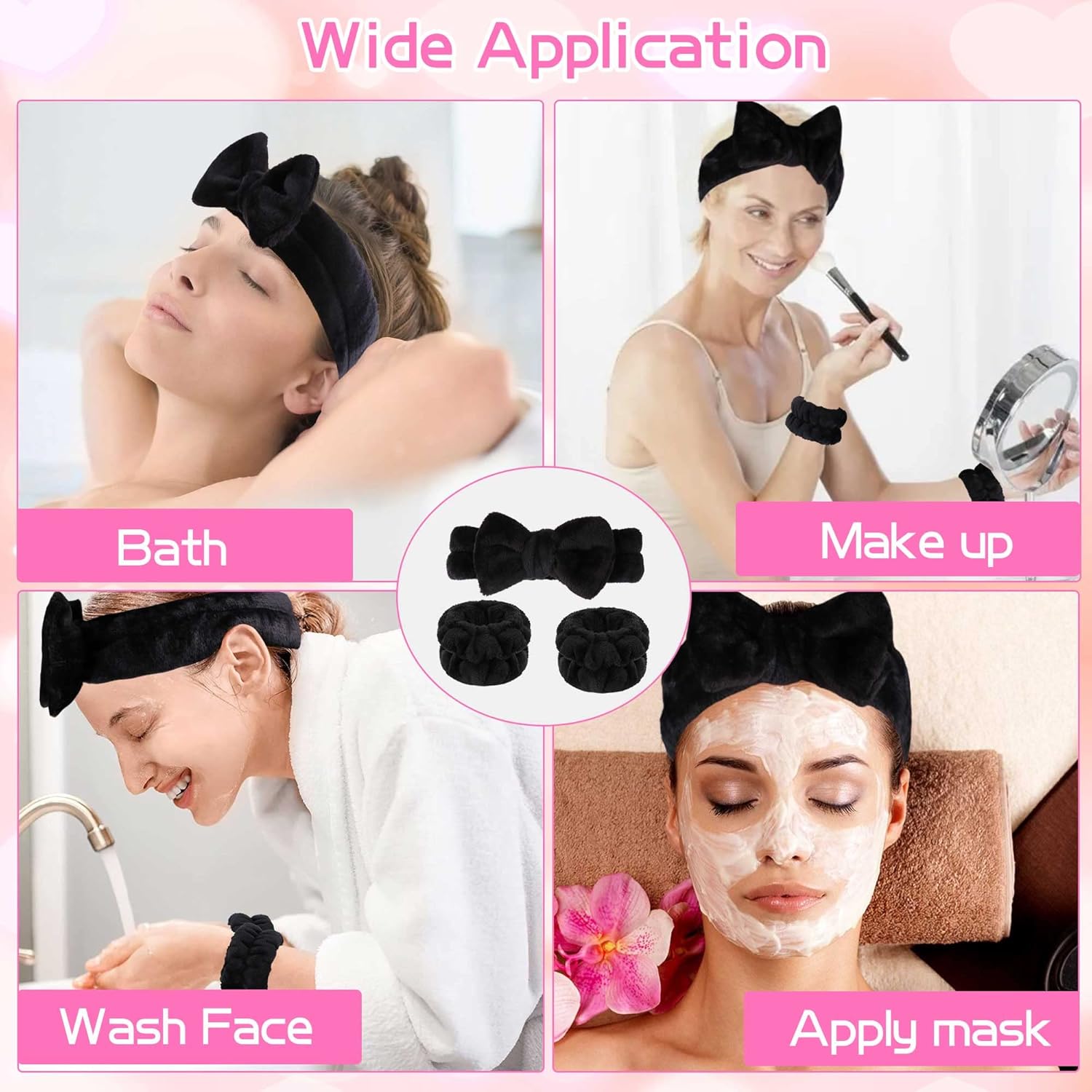 WSYUB Makeup Headbands, 1pcs Black Spa Headband Fluffy Bow Tie Headband Microfiber Face Headband, and 2Pcs Wrist Spa Wash Band Absorbent Wristbands, for Washing Face Skin Care-4