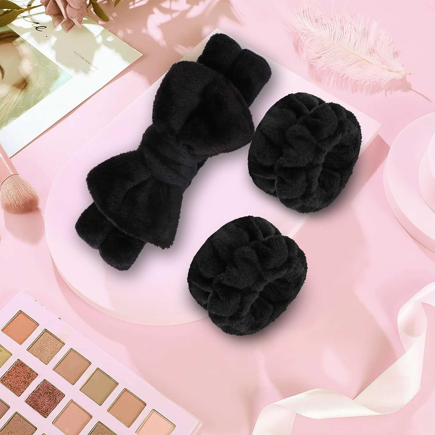 WSYUB Makeup Headbands, 1pcs Black Spa Headband Fluffy Bow Tie Headband Microfiber Face Headband, and 2Pcs Wrist Spa Wash Band Absorbent Wristbands, for Washing Face Skin Care-6