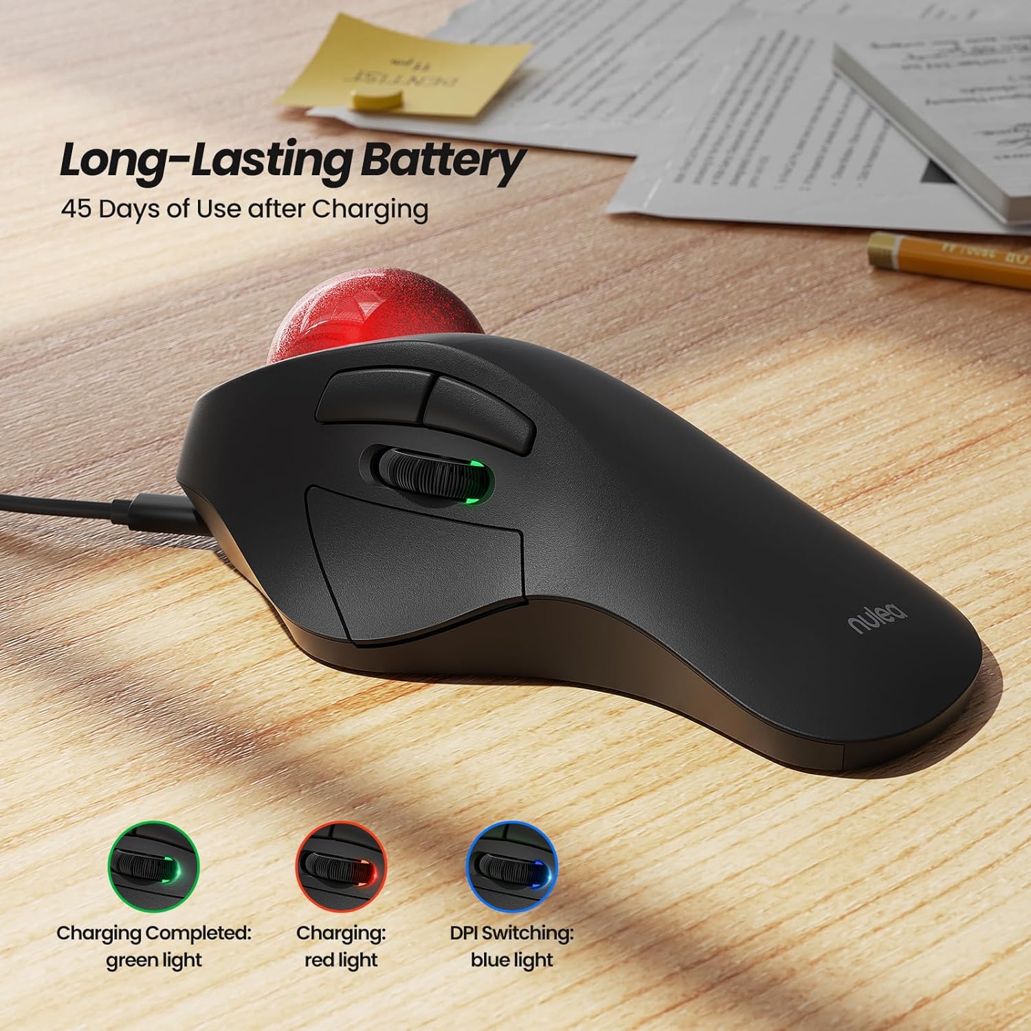 Nulea M505B Wireless Trackball Mouse, Rechargeable Ergonomic RGB Rollerball Mouse, Easy Index Finger Control with 5 Adjustable DPI, 3 Device Connection for PC, Laptop, iPad, Mac, Windows, Android-4