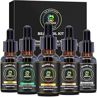 XIKEZAN 5 Pack Beard Oil Set w/Sandalwood,Orange,Vanilla,Cedarwood,Christmas Stocking Stuffers Fathers Valentines Day Gifts for Men Him Dad Boyfriend Husband,Beard Growth,Soften,Moisturizing,Strength