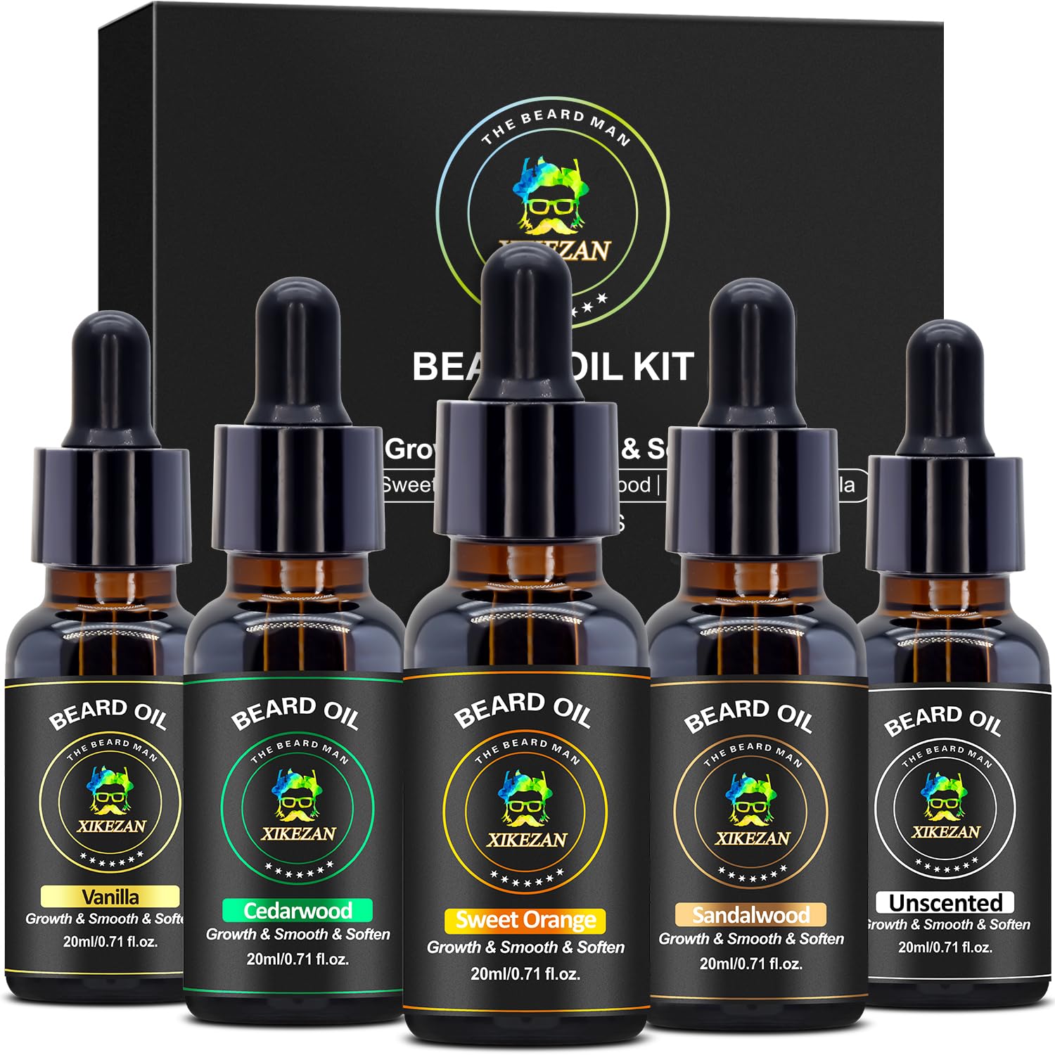 XIKEZAN 5 Pack Beard Oil Set w/Sandalwood,Orange,Vanilla,Cedarwood,Christmas Stocking Stuffers Fathers Valentines Day Gifts for Men Him Dad Boyfriend Husband,Beard Growth,Soften,Moisturizing,Strength-0