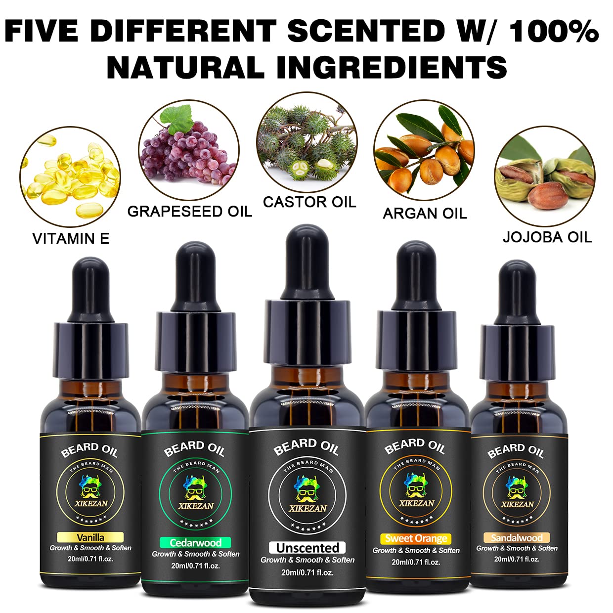 XIKEZAN 5 Pack Beard Oil Set w/Sandalwood,Orange,Vanilla,Cedarwood,Christmas Stocking Stuffers Fathers Valentines Day Gifts for Men Him Dad Boyfriend Husband,Beard Growth,Soften,Moisturizing,Strength-1