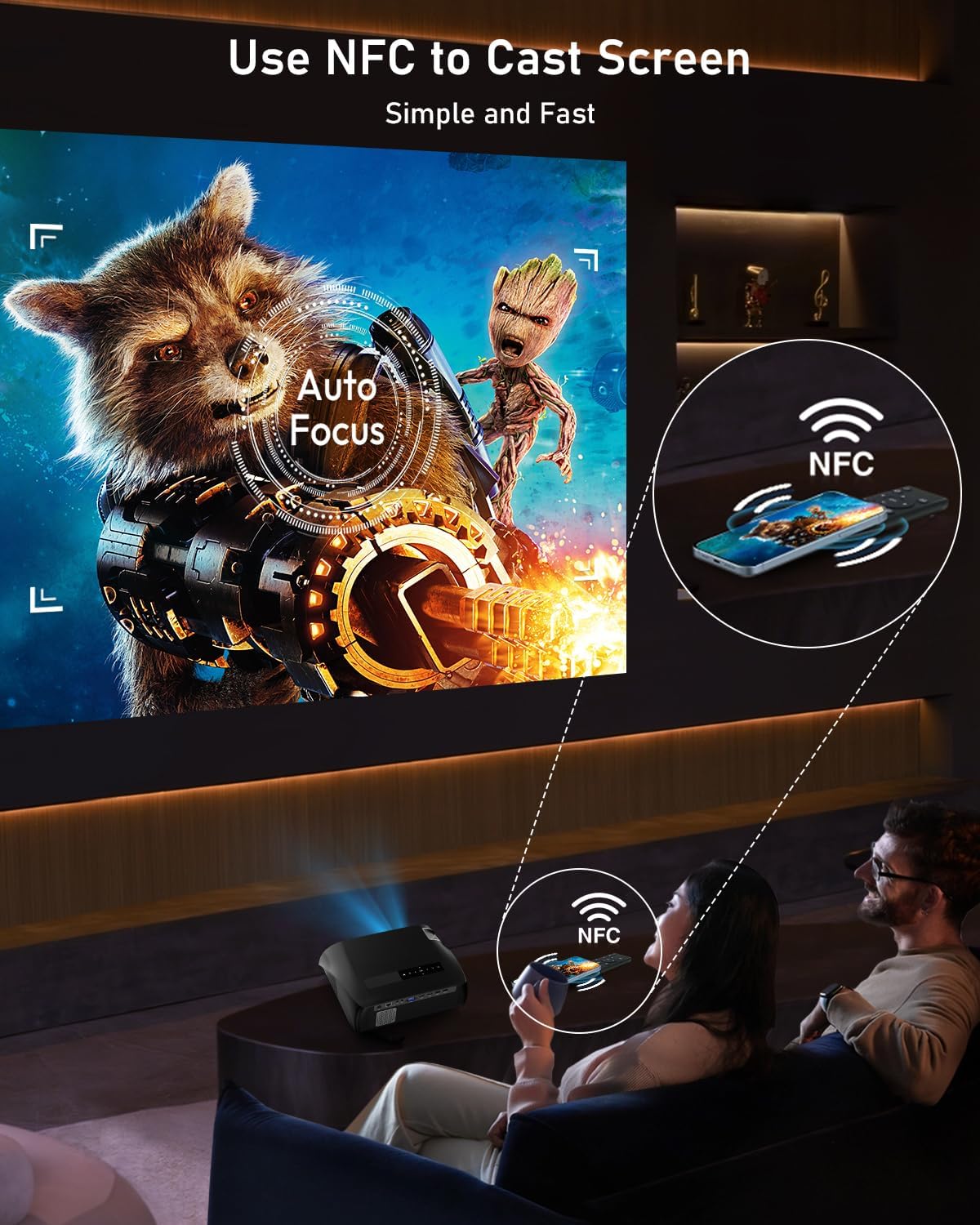 4K Ultra HD Daytime Home Theater Projector High Bright 14300 Lumens Smart Movie Projector with NFC Screencast, HDR Daylight WiFi6 Bluetooth RJ45 LAN Gaming Projector Keystone Zoom Outdoor Home (Black)-5