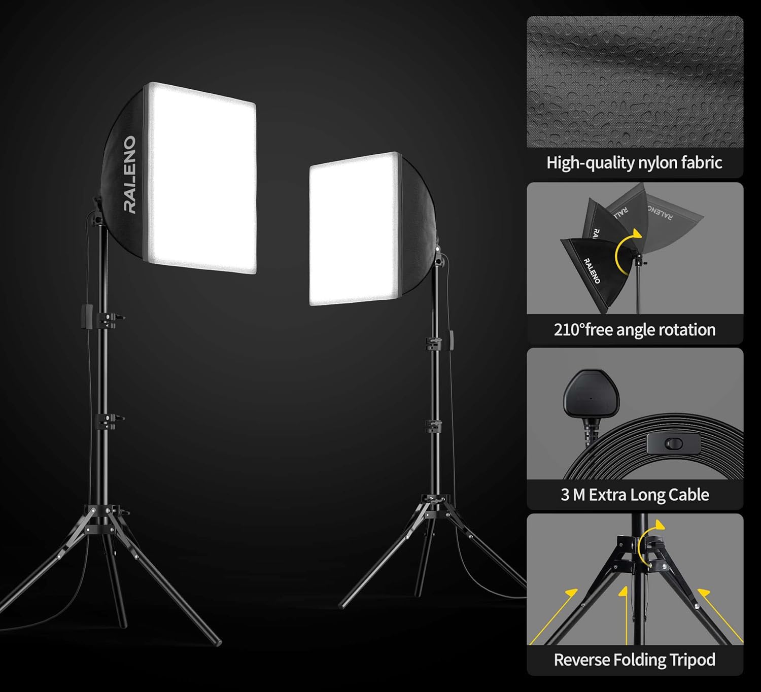 RALENO Softbox Lighting Kit, 2 x 16'' x 16'' Photography Studio Equipments with 50W / 5500K / 95 CRI LED Bulbs, Continuous Lighting System for Video Recording and Photography Shooting Model：PS080-4