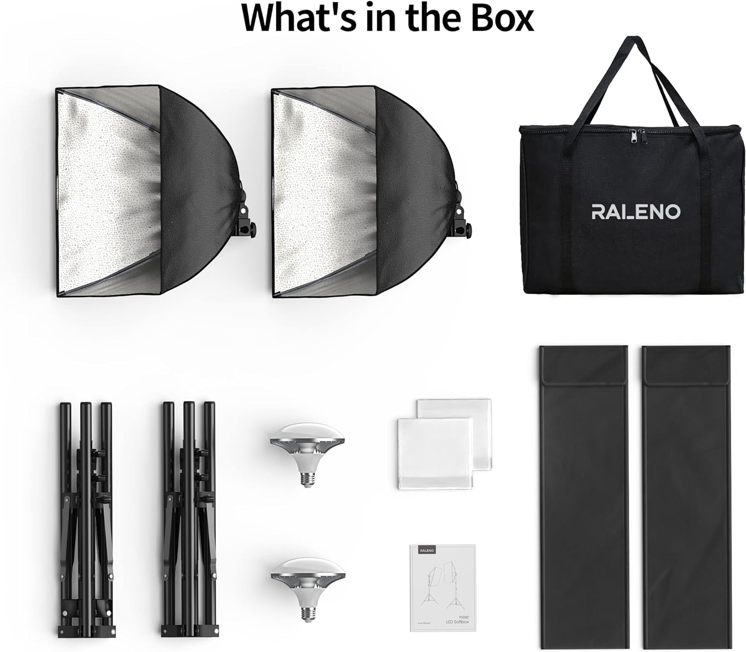 RALENO Softbox Lighting Kit, 2 x 16'' x 16'' Photography Studio Equipments with 50W / 5500K / 95 CRI LED Bulbs, Continuous Lighting System for Video Recording and Photography Shooting Model：PS080-5