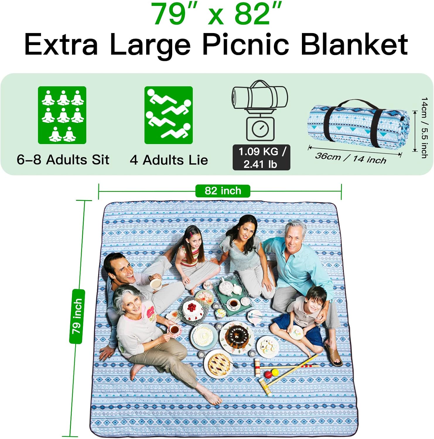 Airensky Extra Large(79 "x 83") Picnic Blanket, 3-Layer Thicking Outdoor Camping Blanket, Machine Washable Beach Blanket, Waterproof and Wear-Resistant, Soft and Comfortable(Boho Blue)-2