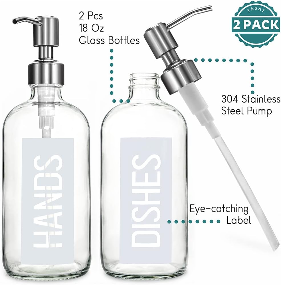 JASAI 2Pack 18OZ Glass Soap Dispenser with Rustproof 304 Stainless Steel Pump, Kitchen Soap Dispenser with Hands & Dishes Label, Refillable Dish Soap Dispenser for Kitchen (White)-2