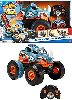 Hot Wheels Monster Trucks RC Toy, Remote-Control Transforming Rhinomite in 1:12 Scale & 1:64 Scale Race Ace, Converts into Launcher, Connects to Track