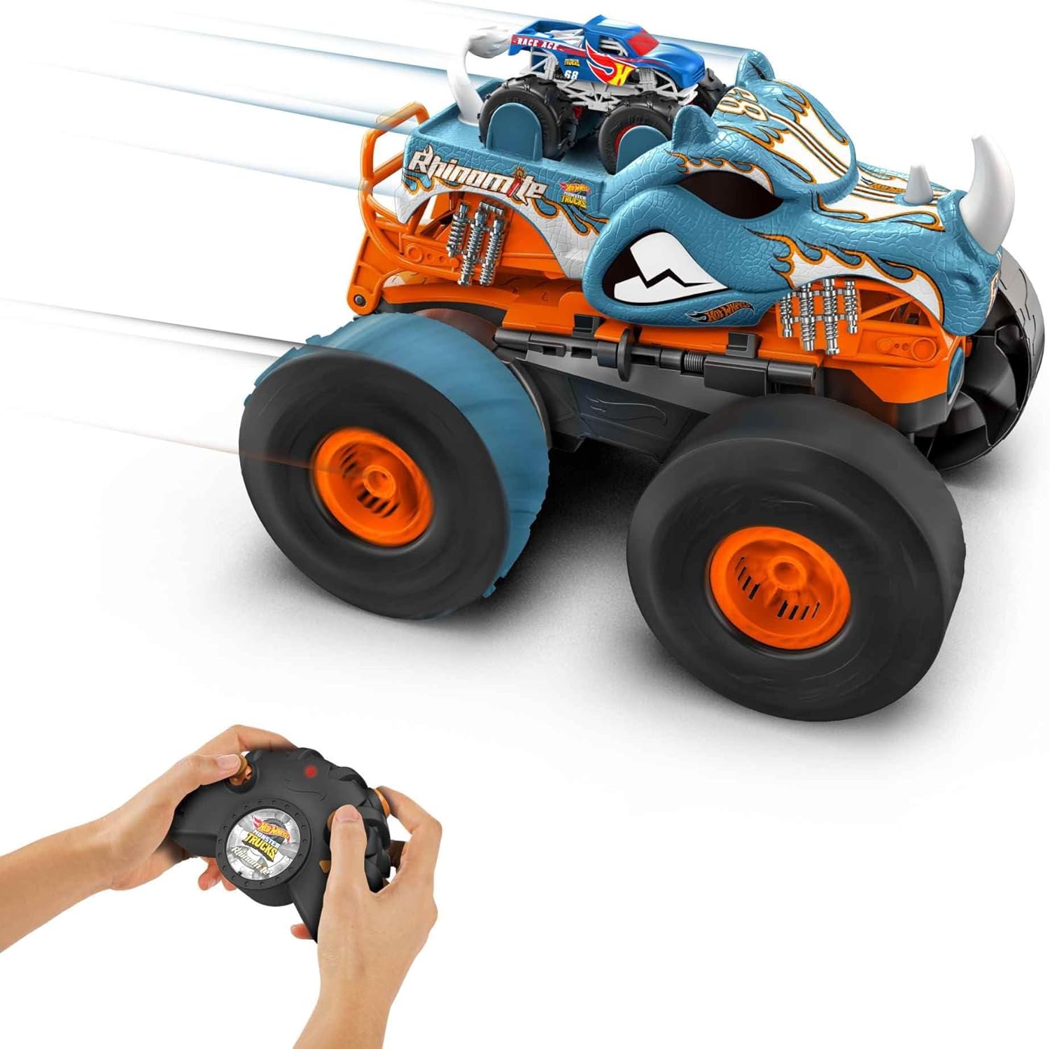 Hot Wheels Monster Trucks RC Toy, Remote-Control Transforming Rhinomite in 1:12 Scale & 1:64 Scale Race Ace, Converts into Launcher, Connects to Track-1