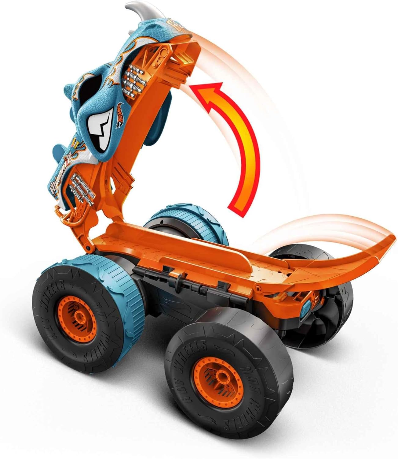 Hot Wheels Monster Trucks RC Toy, Remote-Control Transforming Rhinomite in 1:12 Scale & 1:64 Scale Race Ace, Converts into Launcher, Connects to Track-4