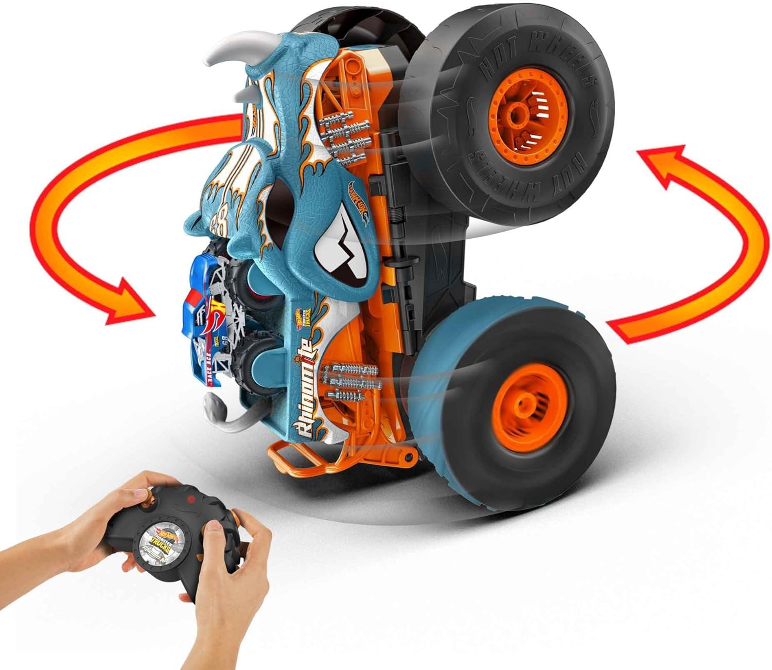 Hot Wheels Monster Trucks RC Toy, Remote-Control Transforming Rhinomite in 1:12 Scale & 1:64 Scale Race Ace, Converts into Launcher, Connects to Track-5