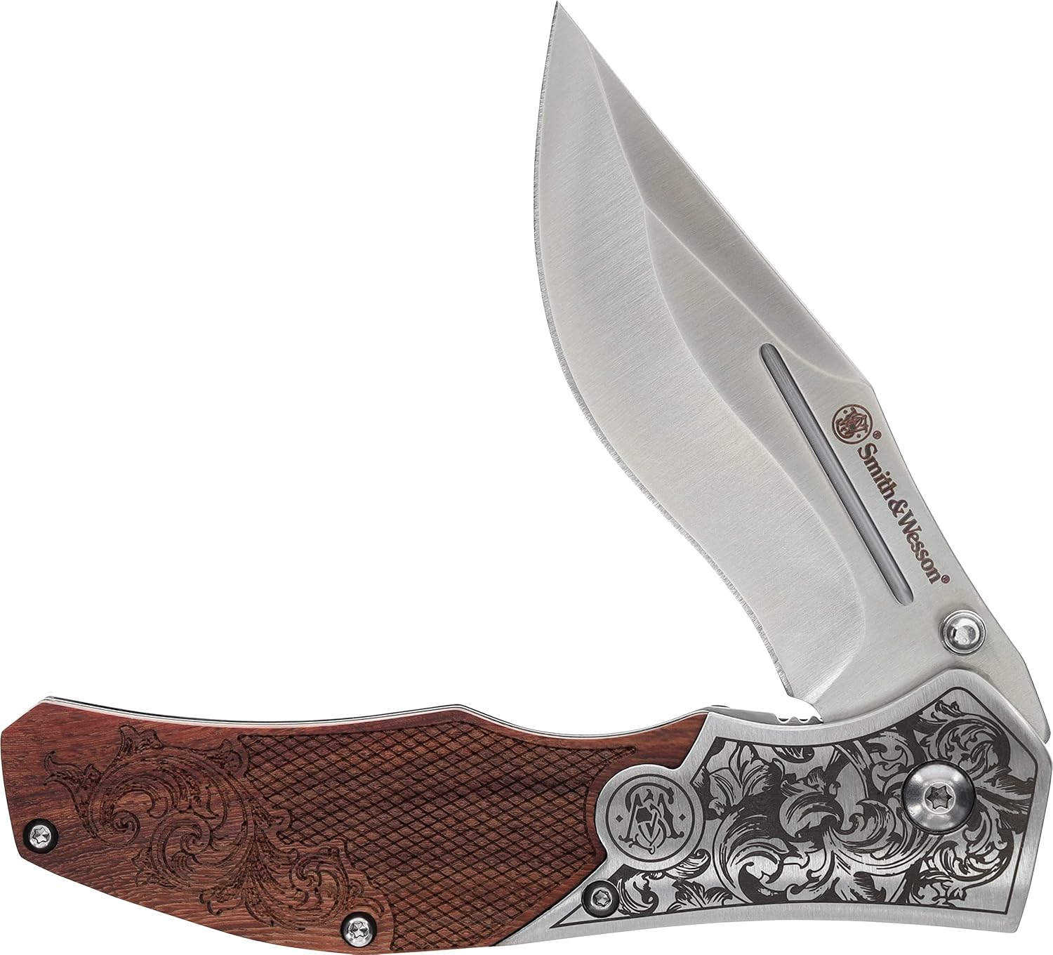 Smith & Wesson Accessories Smith & Wesson Unwavered Folder Featuring Engraved Rosewood Handle, Drop Point Blade, and 8Cr13MoV Stainless Steel-0