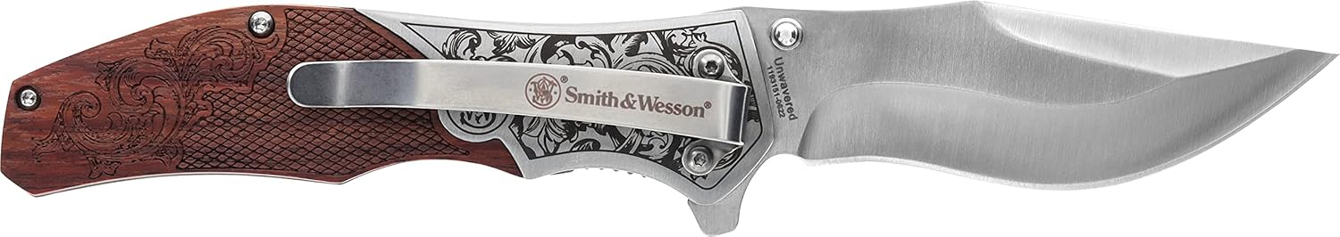 Smith & Wesson Accessories Smith & Wesson Unwavered Folder Featuring Engraved Rosewood Handle, Drop Point Blade, and 8Cr13MoV Stainless Steel-2