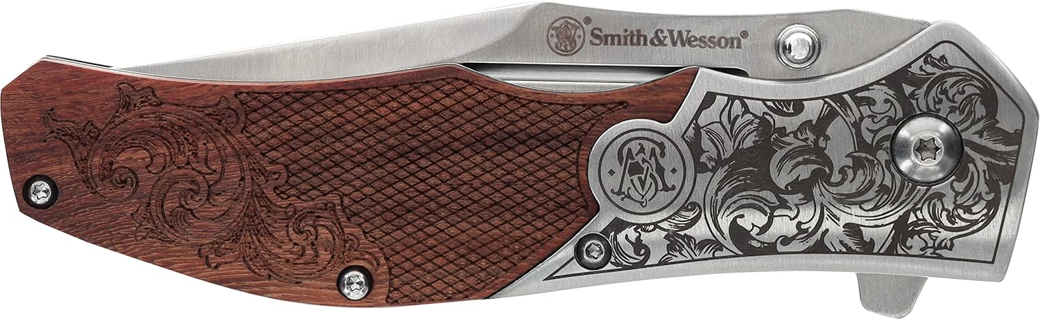 Smith & Wesson Accessories Smith & Wesson Unwavered Folder Featuring Engraved Rosewood Handle, Drop Point Blade, and 8Cr13MoV Stainless Steel-3